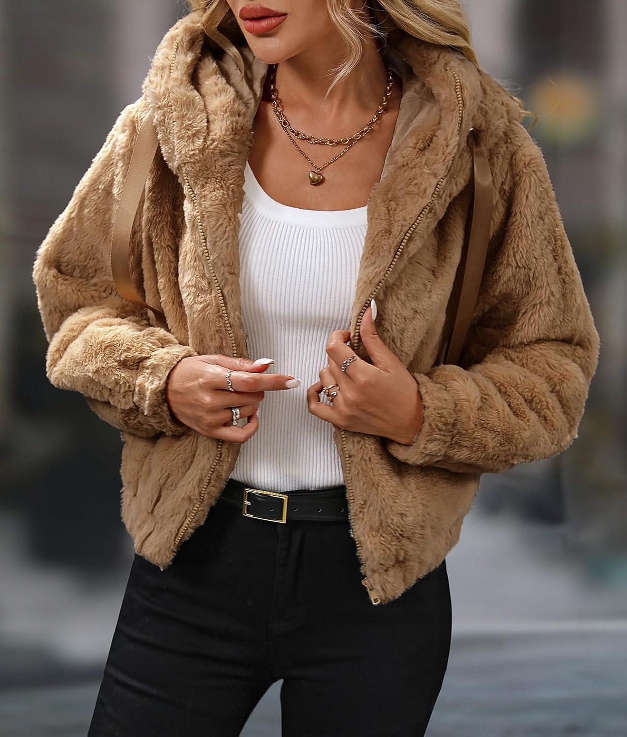 imageWomens Faux Fur Crop Coat Full Zip Fleece Sherpa Jacket with HoodYellow Brown