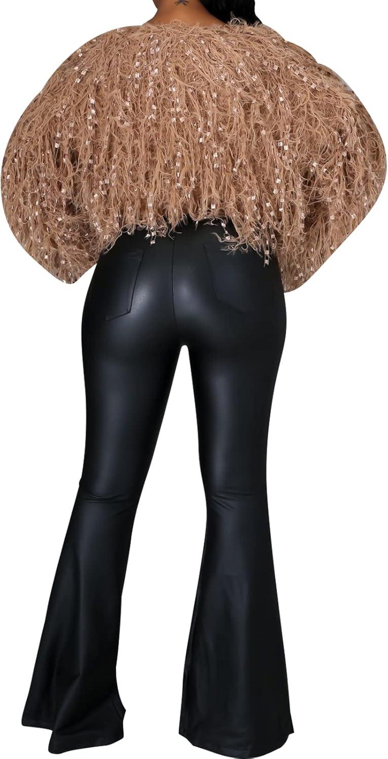 imageWomens Faux Leather Bell Botom Flare Pants High Waist Stretchy Leggings Wide Leg TrousersFlare Black