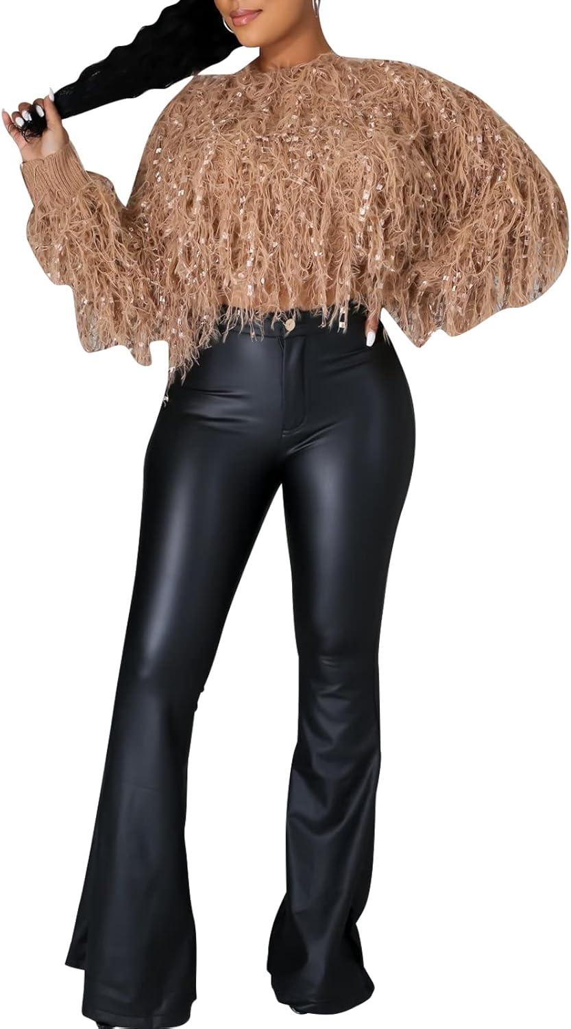 imageWomens Faux Leather Bell Botom Flare Pants High Waist Stretchy Leggings Wide Leg TrousersFlare Black