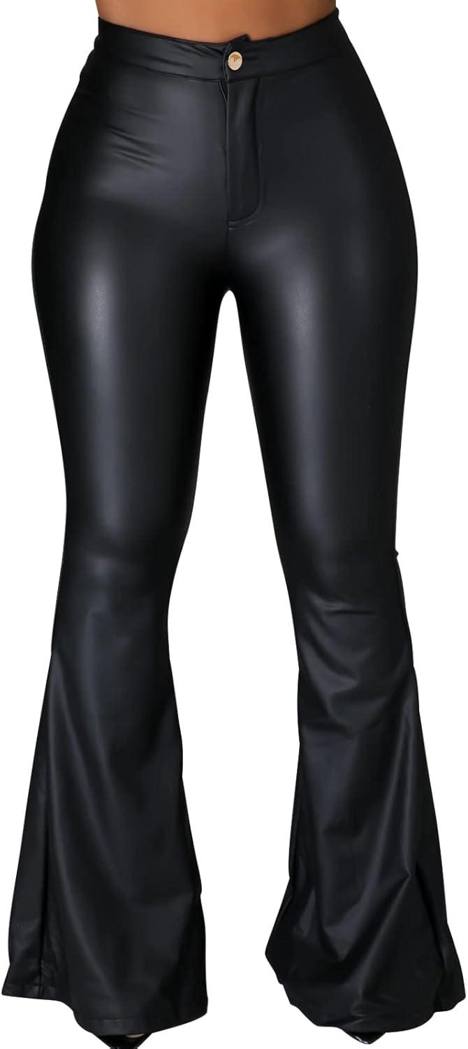 imageWomens Faux Leather Bell Botom Flare Pants High Waist Stretchy Leggings Wide Leg TrousersFlare Black