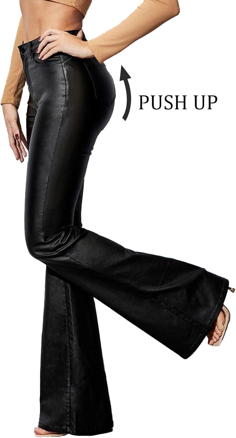 imageWomens Faux Leather Flare Pants Mid Waist PU Skinny Black Coated Leggings Bell Bottom Pants with PocketsBlack
