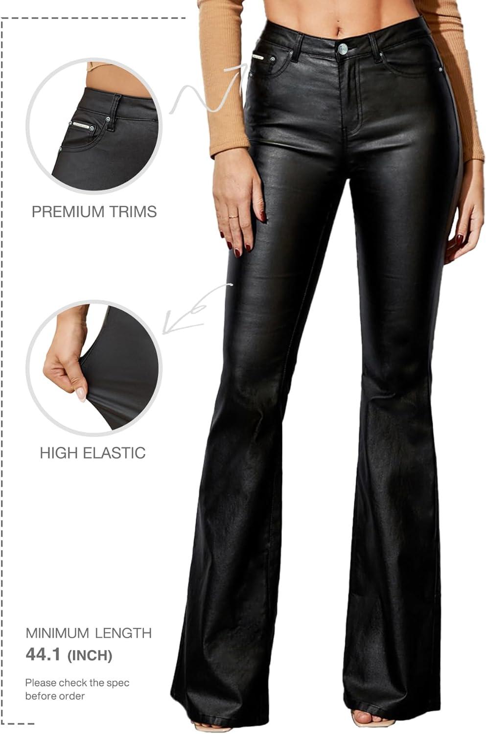 imageWomens Faux Leather Flare Pants Mid Waist PU Skinny Black Coated Leggings Bell Bottom Pants with PocketsBlack