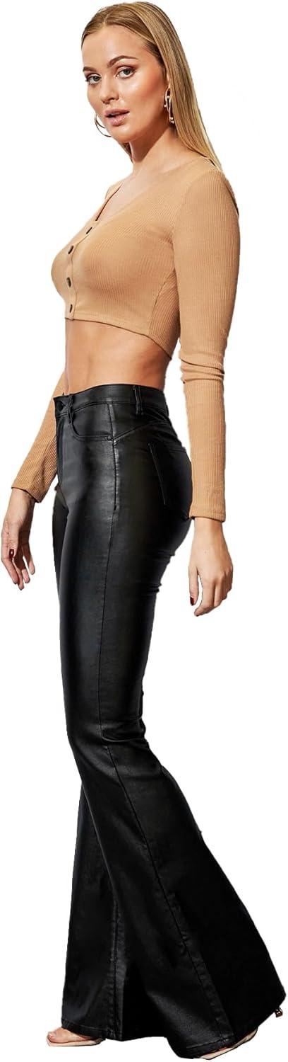 imageWomens Faux Leather Flare Pants Mid Waist PU Skinny Black Coated Leggings Bell Bottom Pants with PocketsBlack