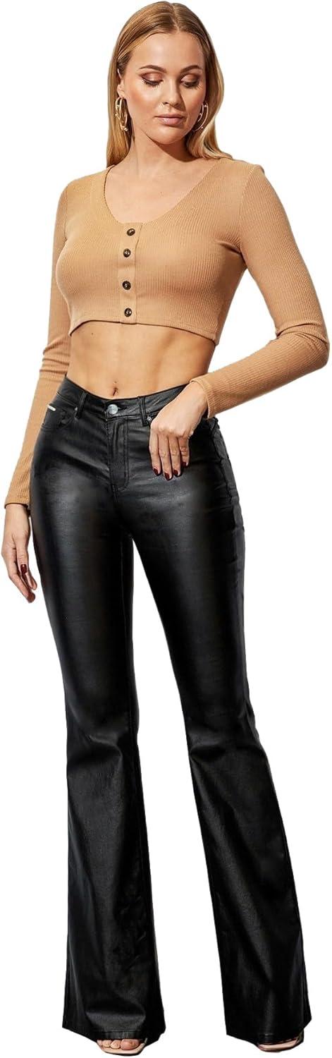 imageWomens Faux Leather Flare Pants Mid Waist PU Skinny Black Coated Leggings Bell Bottom Pants with PocketsBlack