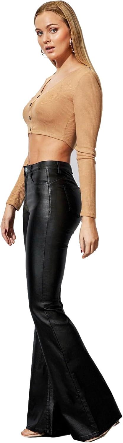 imageWomens Faux Leather Flare Pants Mid Waist PU Skinny Black Coated Leggings Bell Bottom Pants with PocketsBlack