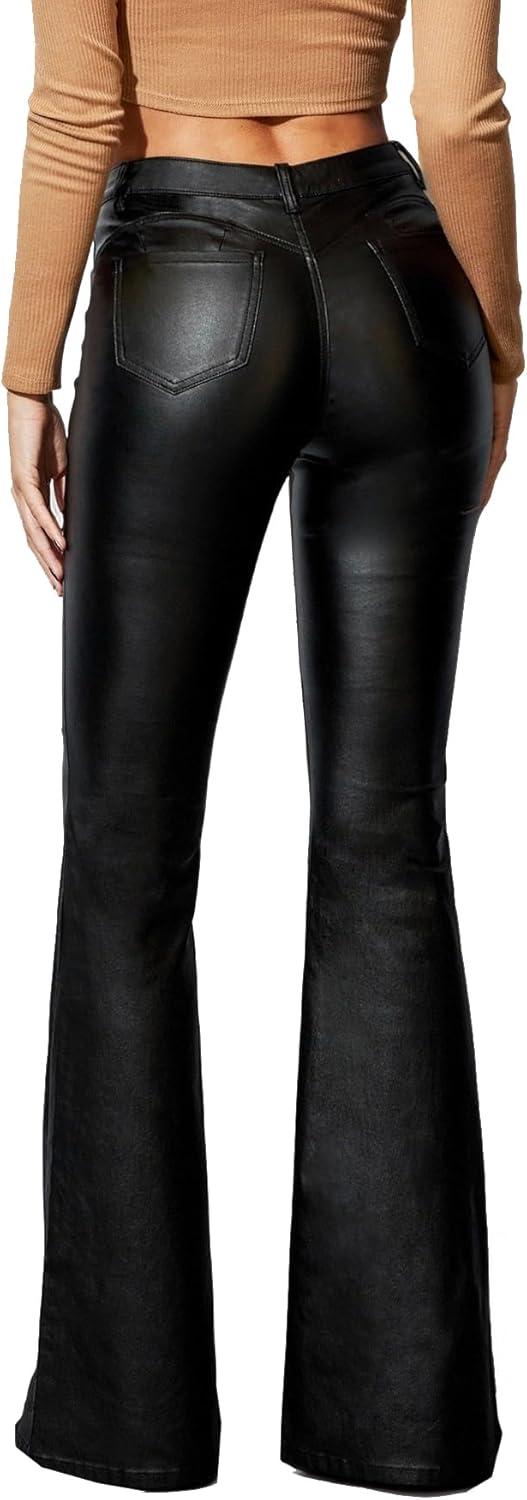 imageWomens Faux Leather Flare Pants Mid Waist PU Skinny Black Coated Leggings Bell Bottom Pants with PocketsBlack