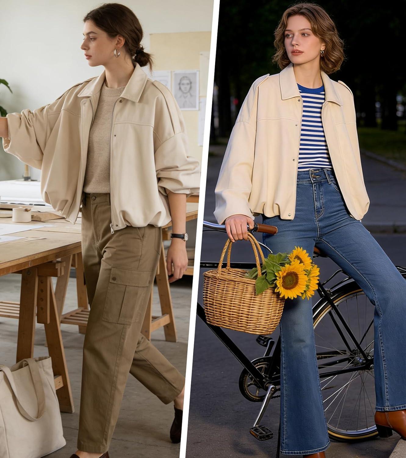 imageWomens Faux Suede Bomber Jacket Casual Lapel Pilot Cropped Coat Oversized Motorcycle Jackets 2025 OuterwearBeige