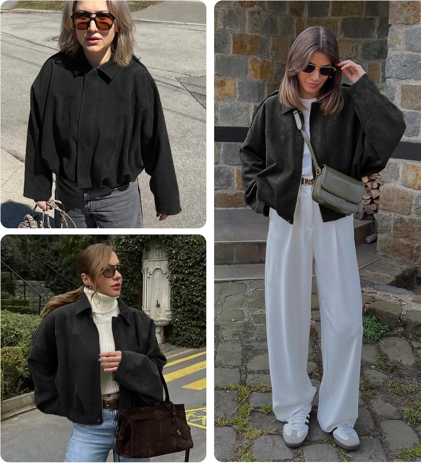 imageWomens Faux Suede Bomber Jacket Casual Lapel Pilot Cropped Coat Oversized Motorcycle Jackets 2025 OuterwearBlack