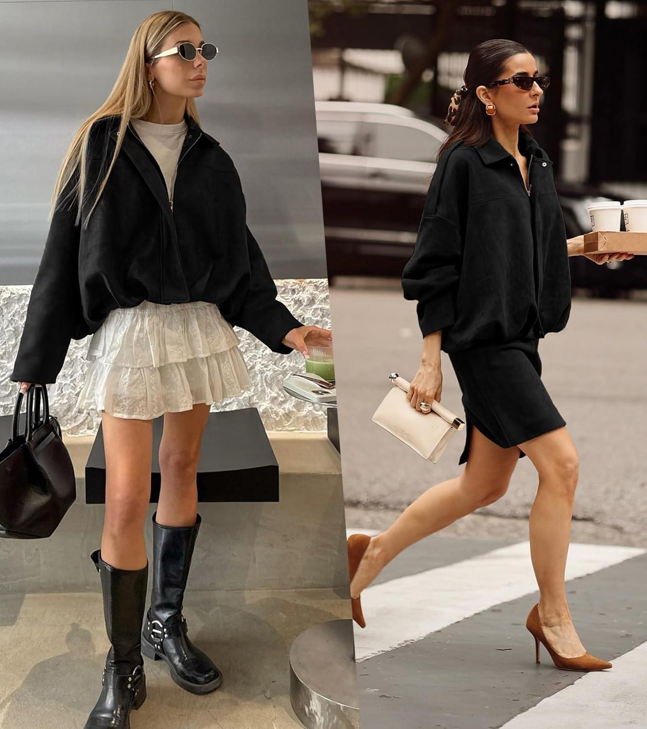 imageWomens Faux Suede Bomber Jacket Casual Lapel Pilot Cropped Coat Oversized Motorcycle Jackets 2025 OuterwearBlack