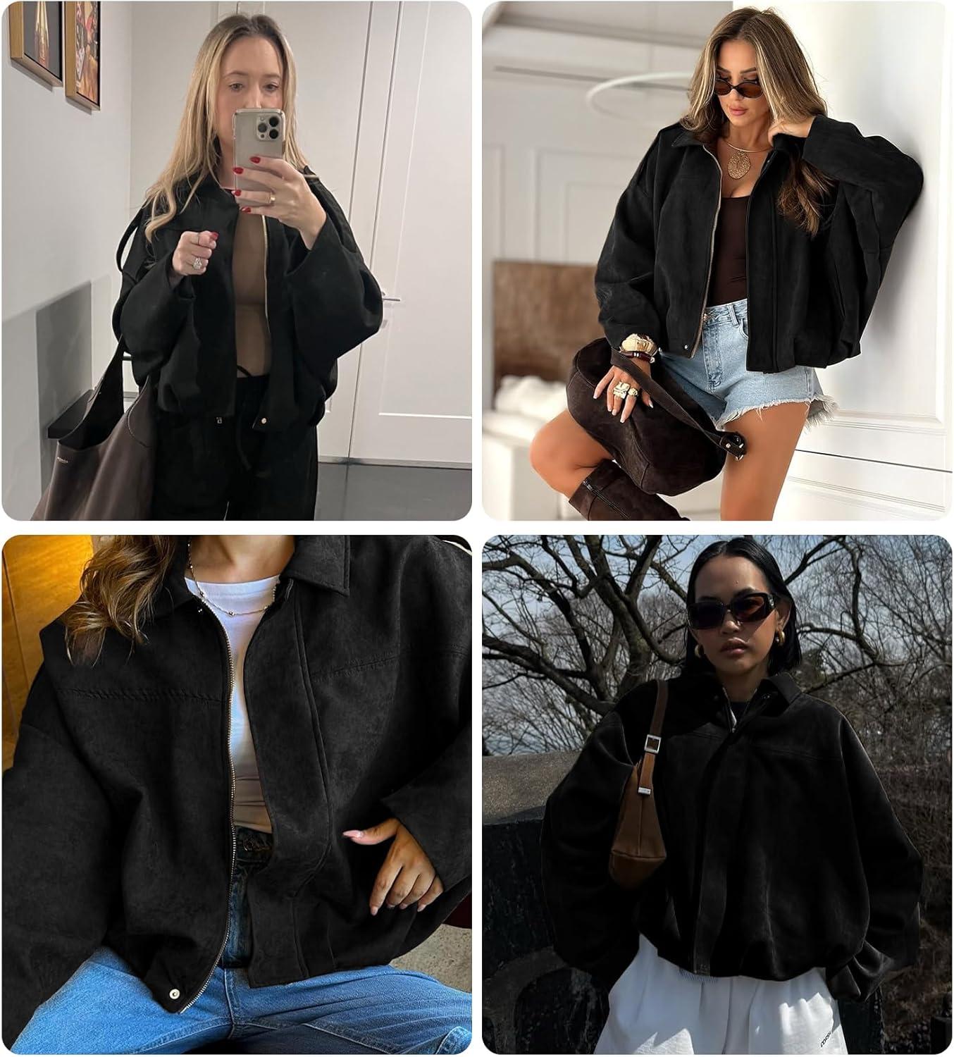 imageWomens Faux Suede Bomber Jacket Casual Lapel Pilot Cropped Coat Oversized Motorcycle Jackets 2025 OuterwearBlack
