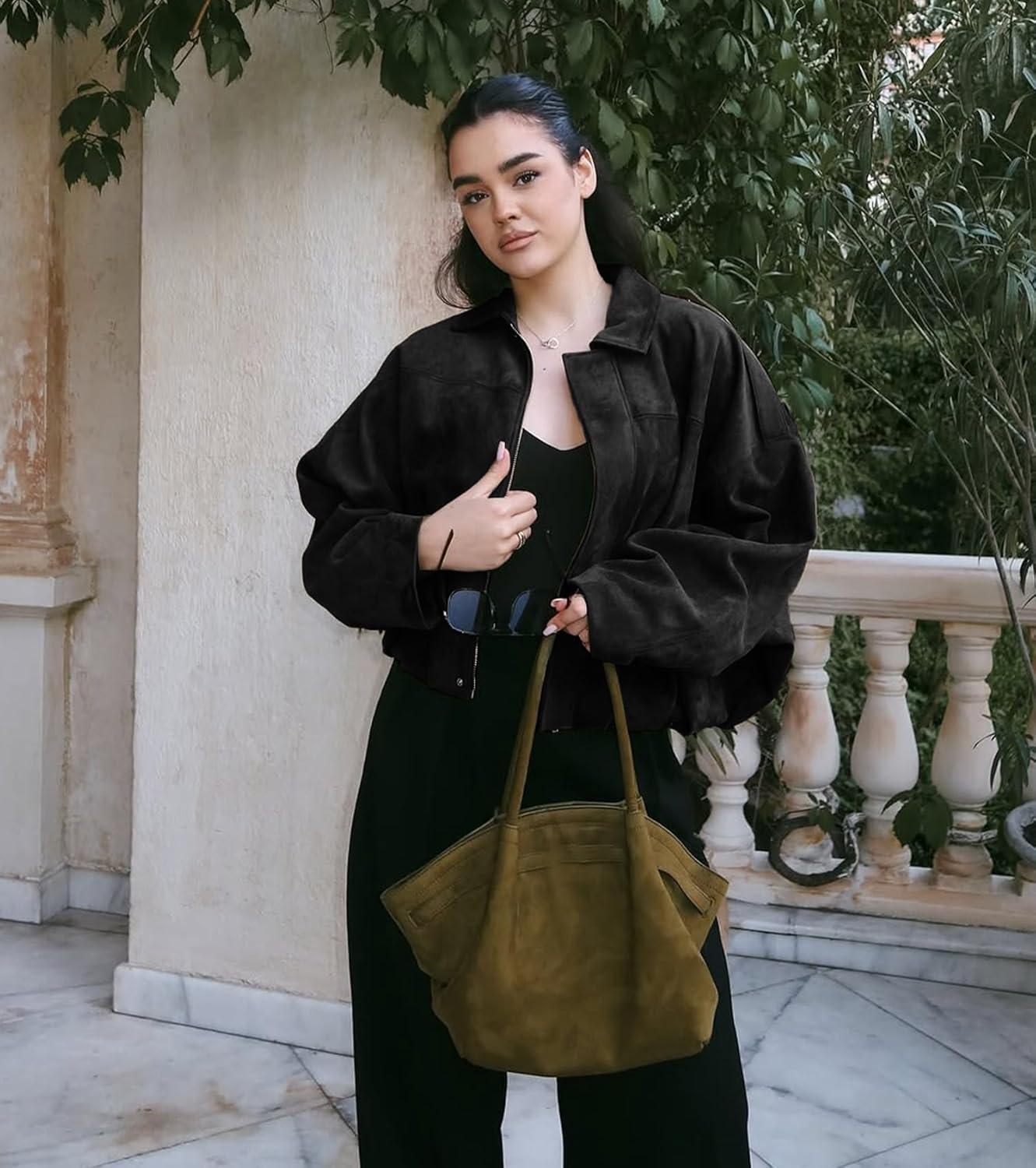 imageWomens Faux Suede Bomber Jacket Casual Lapel Pilot Cropped Coat Oversized Motorcycle Jackets 2025 OuterwearBlack