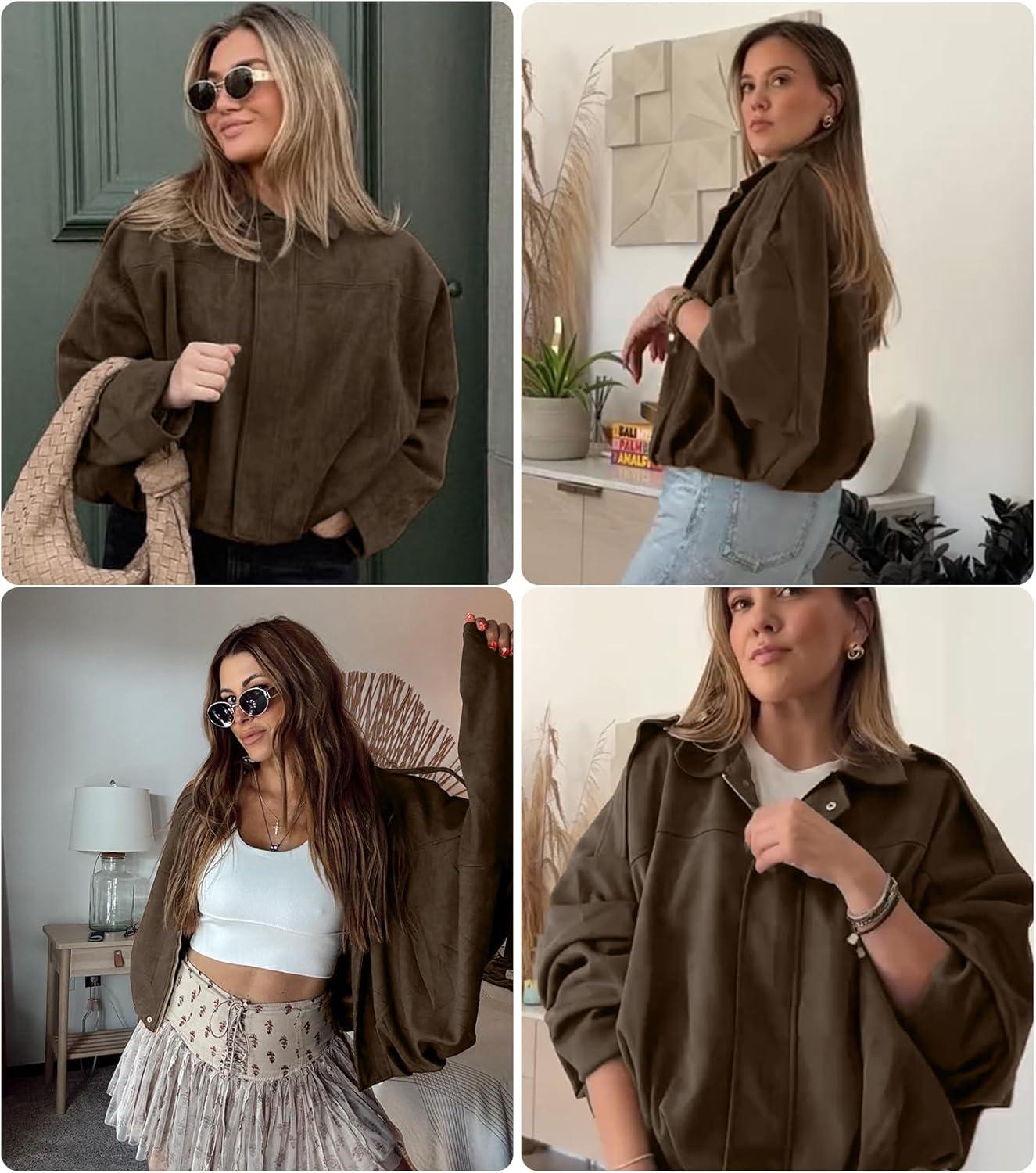 imageWomens Faux Suede Bomber Jacket Casual Lapel Pilot Cropped Coat Oversized Motorcycle Jackets 2025 OuterwearBrown