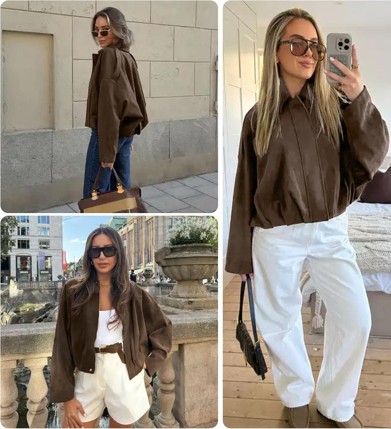 imageWomens Faux Suede Bomber Jacket Casual Lapel Pilot Cropped Coat Oversized Motorcycle Jackets 2025 OuterwearBrown