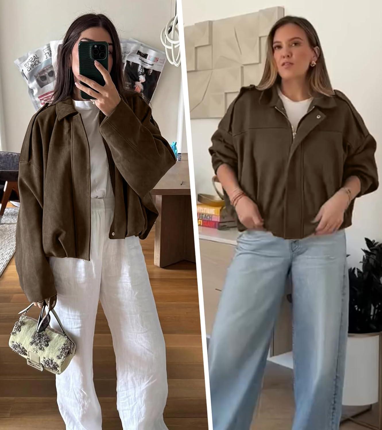 imageWomens Faux Suede Bomber Jacket Casual Lapel Pilot Cropped Coat Oversized Motorcycle Jackets 2025 OuterwearBrown