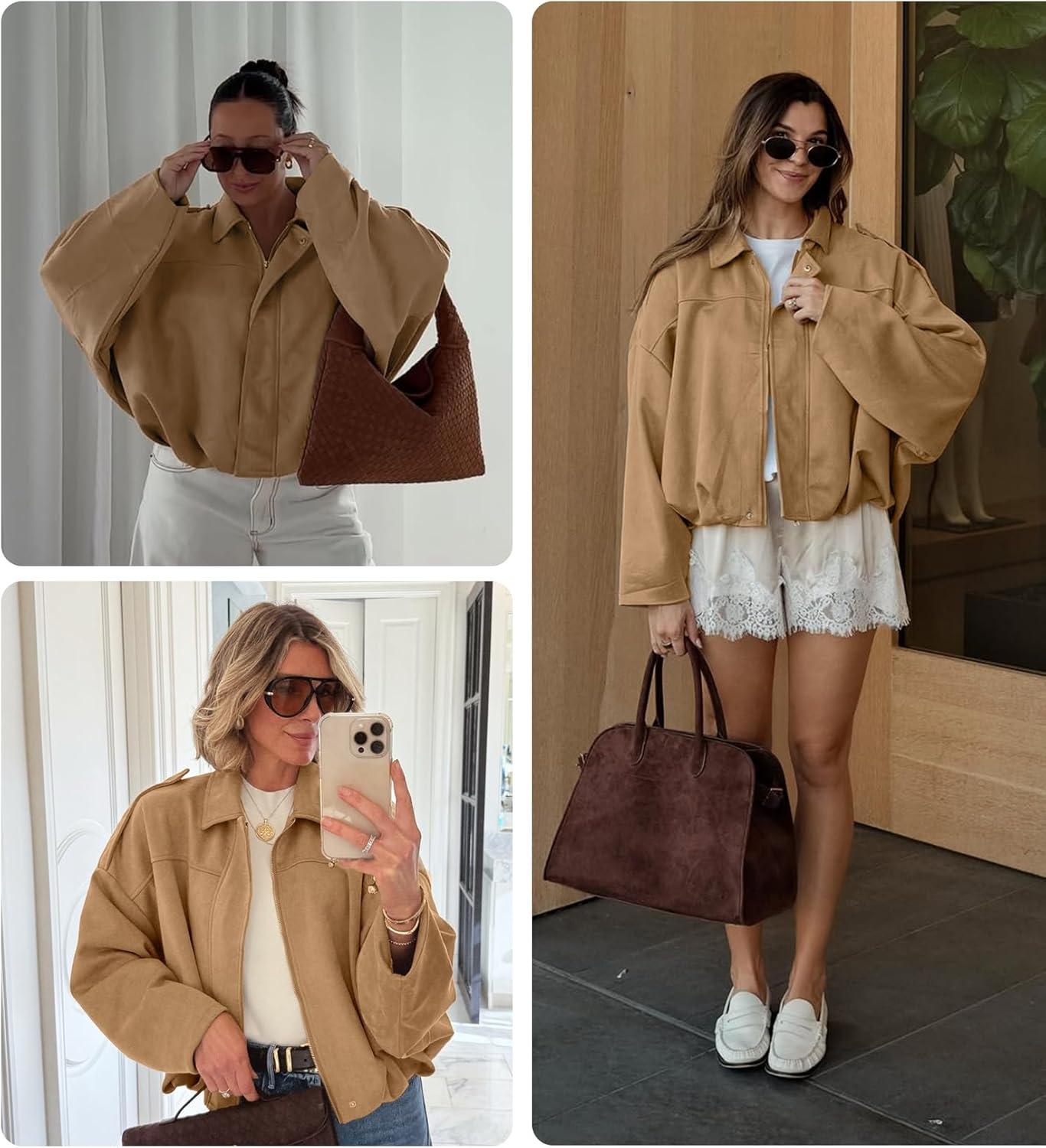 imageWomens Faux Suede Bomber Jacket Casual Lapel Pilot Cropped Coat Oversized Motorcycle Jackets 2025 OuterwearKhaki
