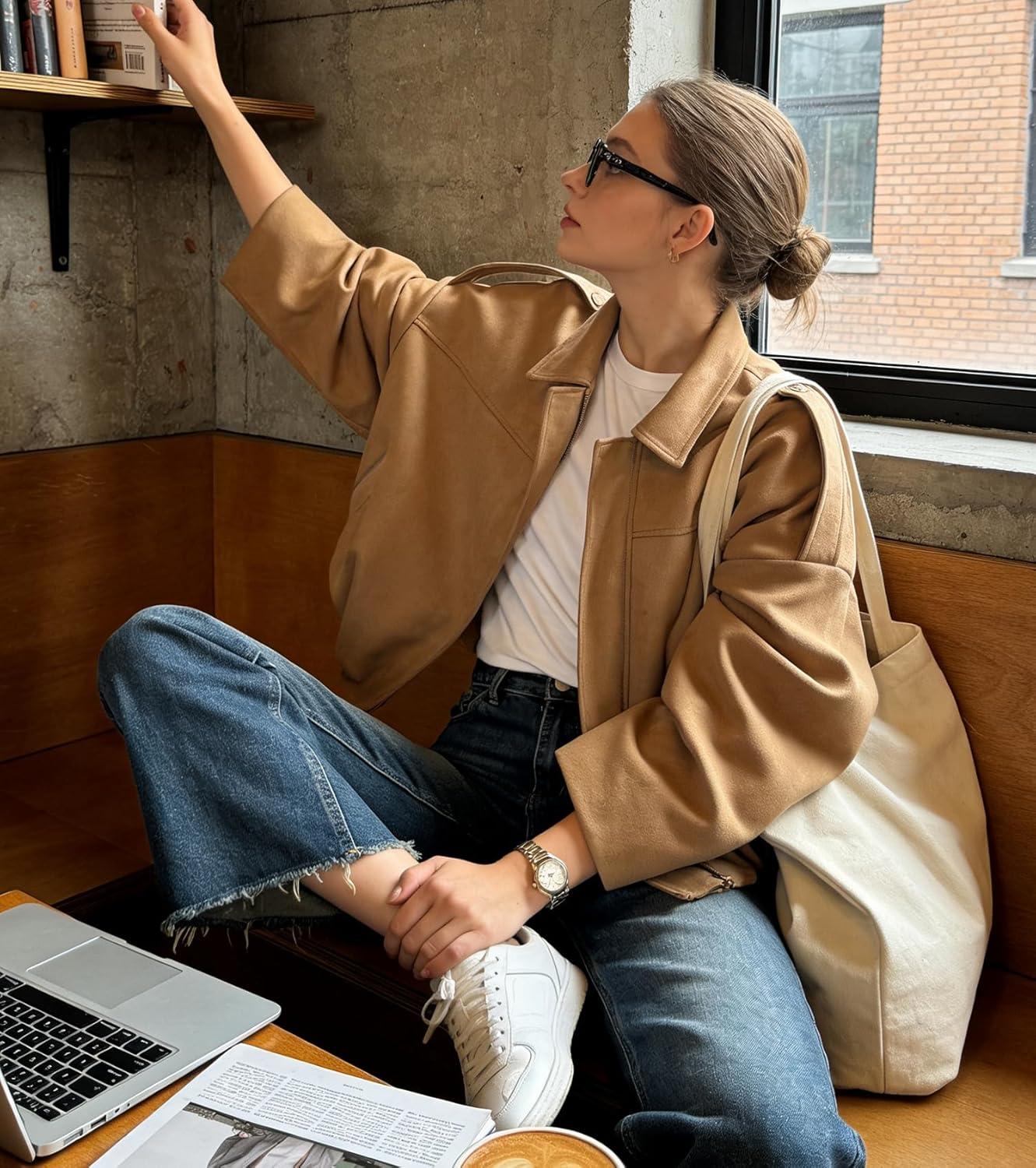 imageWomens Faux Suede Bomber Jacket Casual Lapel Pilot Cropped Coat Oversized Motorcycle Jackets 2025 OuterwearKhaki