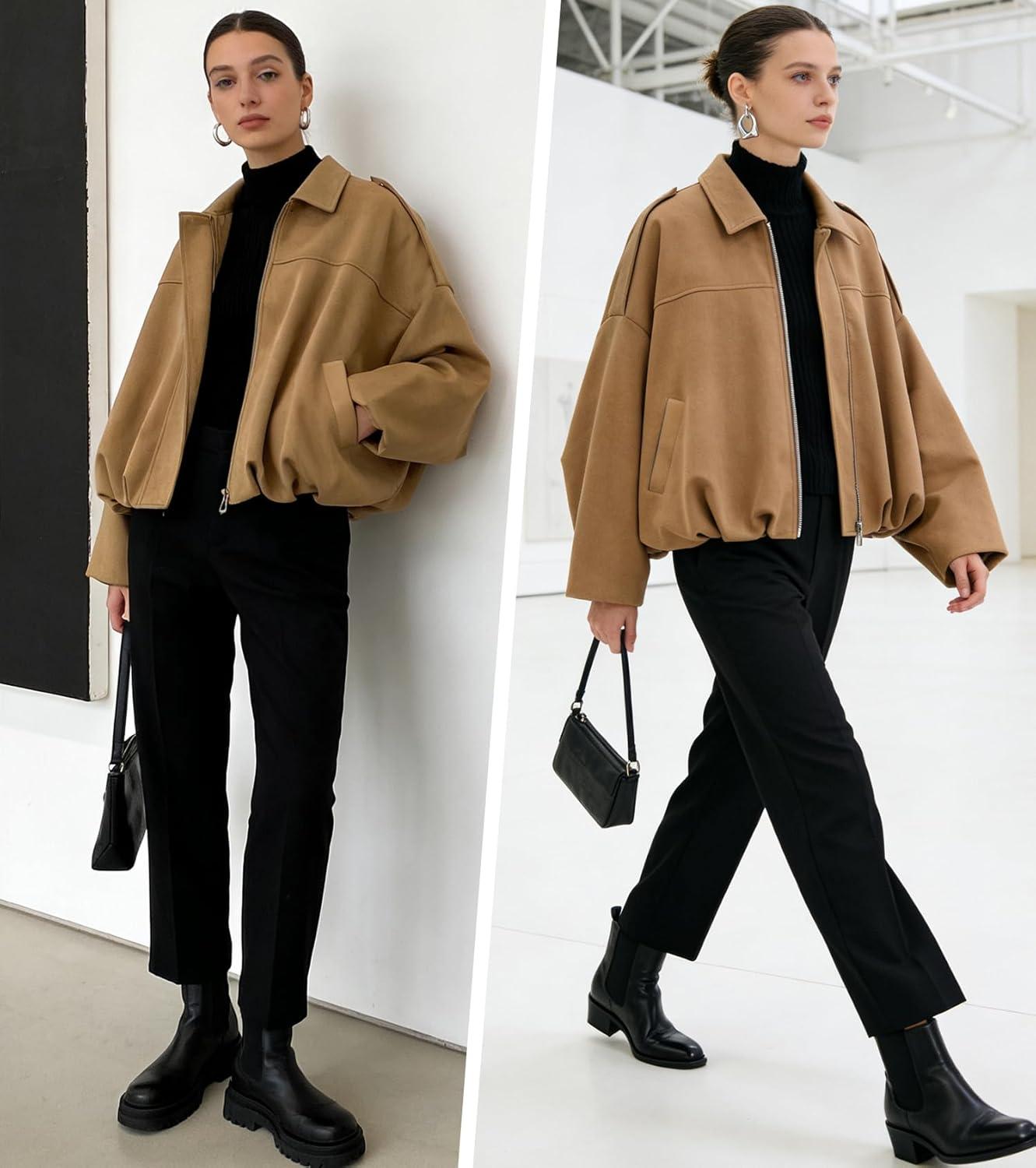 imageWomens Faux Suede Bomber Jacket Casual Lapel Pilot Cropped Coat Oversized Motorcycle Jackets 2025 OuterwearKhaki