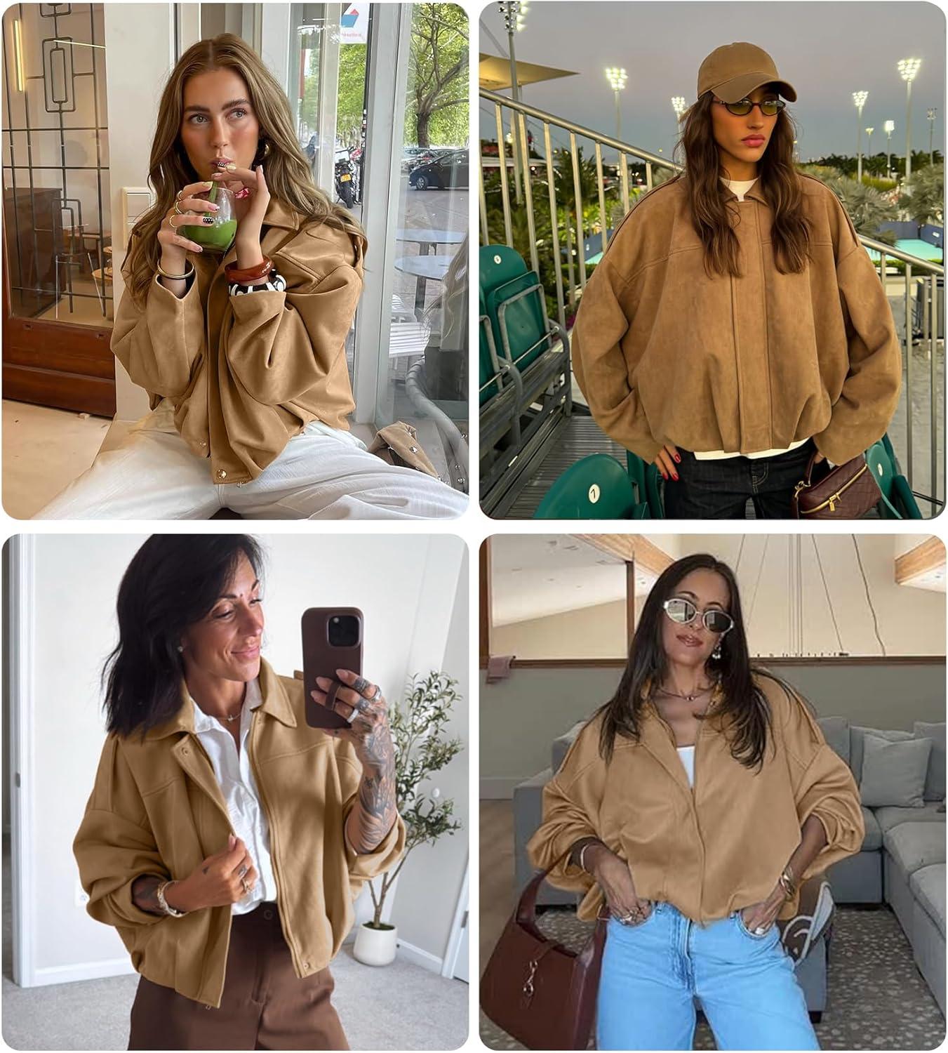 imageWomens Faux Suede Bomber Jacket Casual Lapel Pilot Cropped Coat Oversized Motorcycle Jackets 2025 OuterwearKhaki