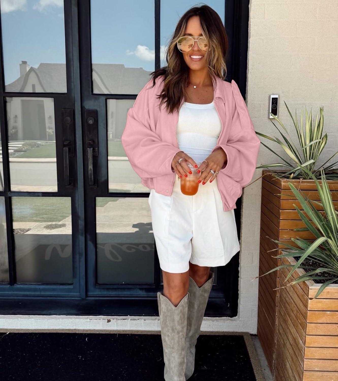 imageWomens Faux Suede Bomber Jacket Casual Lapel Pilot Cropped Coat Oversized Motorcycle Jackets 2025 OuterwearPink
