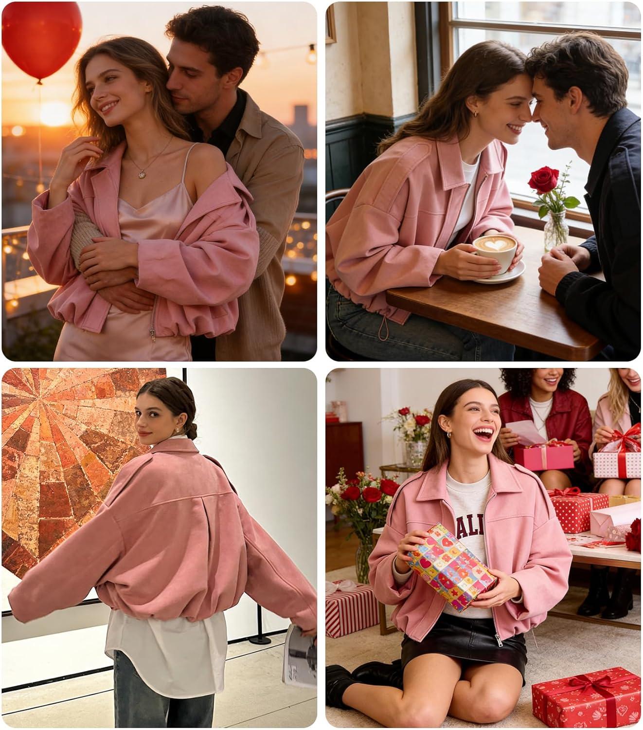 imageWomens Faux Suede Bomber Jacket Casual Lapel Pilot Cropped Coat Oversized Motorcycle Jackets 2025 OuterwearPink