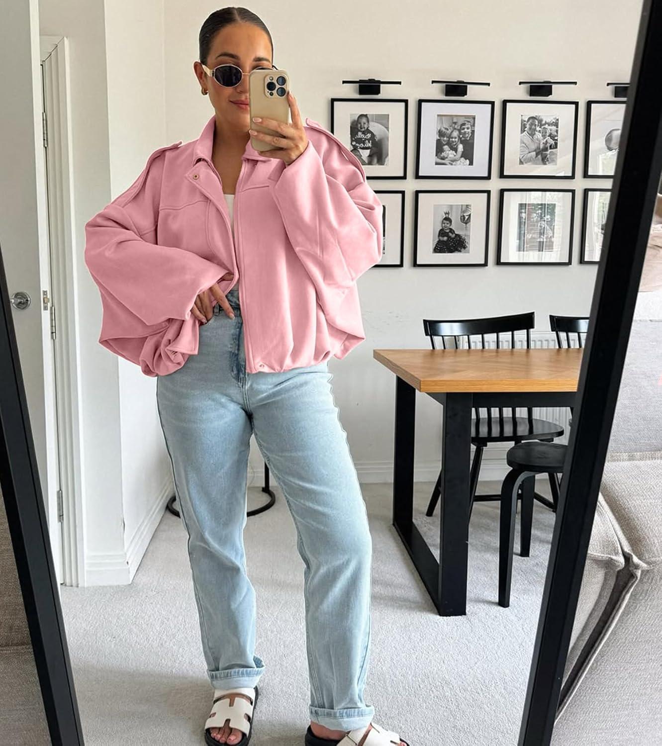 imageWomens Faux Suede Bomber Jacket Casual Lapel Pilot Cropped Coat Oversized Motorcycle Jackets 2025 OuterwearPink