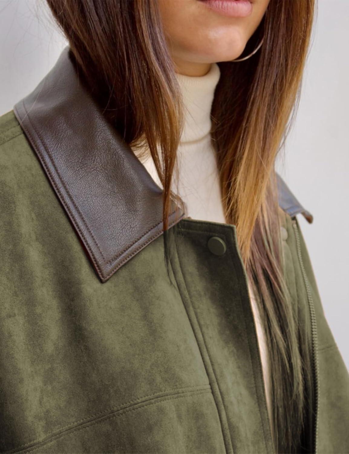imageWomens Faux Suede Bomber Jacket Casual Lapel Pilot Cropped Jackets Oversized Motorcycle Zip Up Outerwear CoatsArmy Green