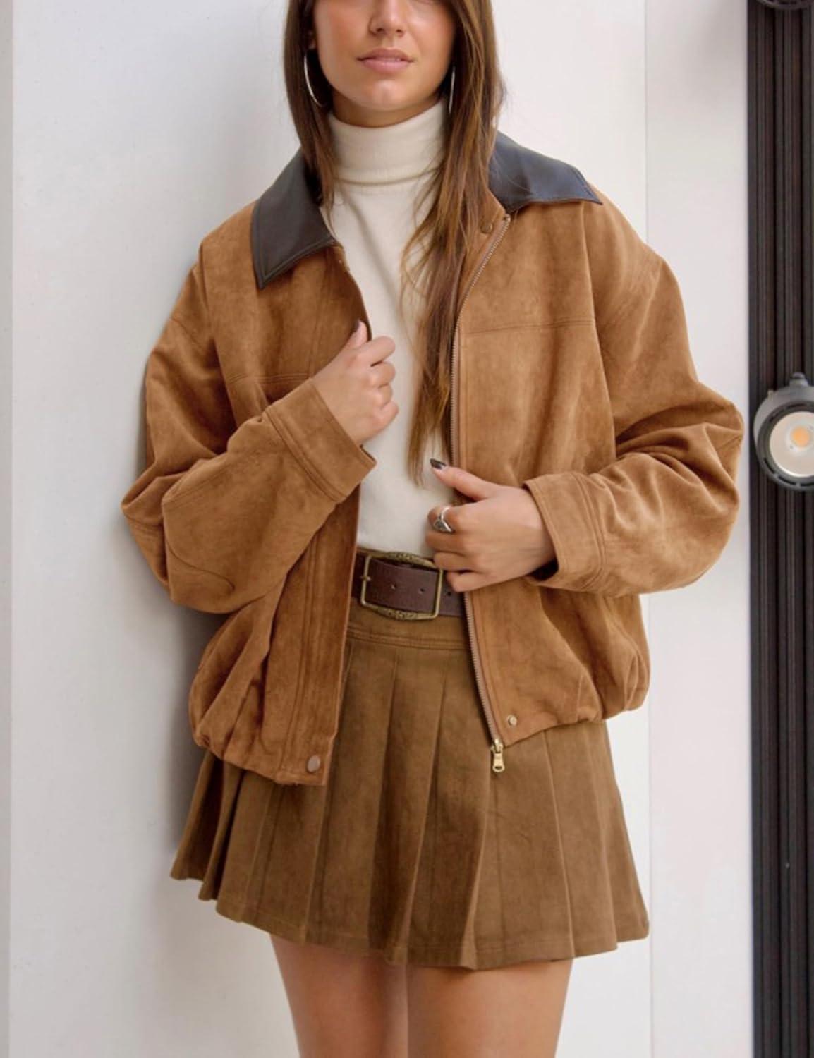 imageWomens Faux Suede Bomber Jacket Casual Lapel Pilot Cropped Jackets Oversized Motorcycle Zip Up Outerwear CoatsBrown