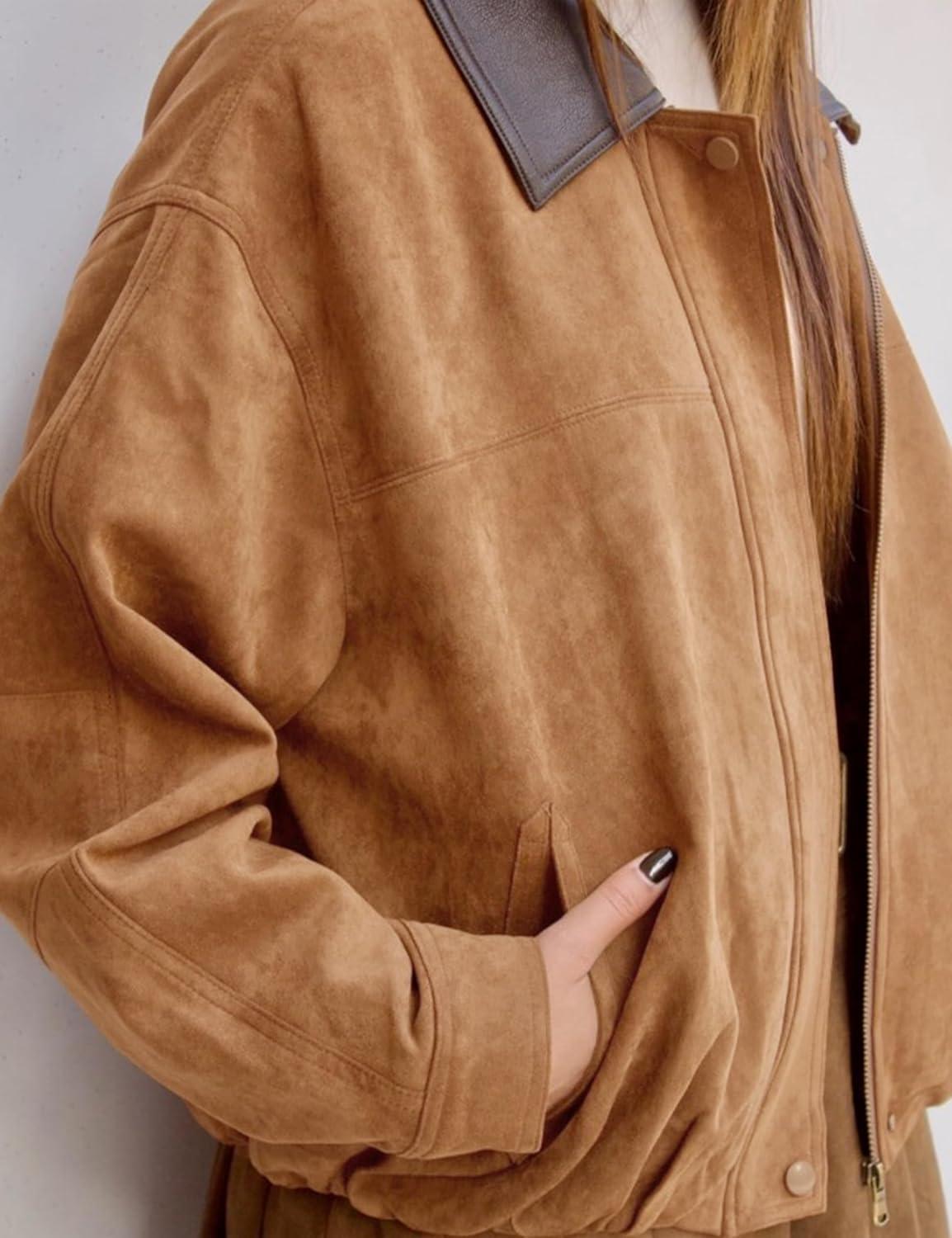 imageWomens Faux Suede Bomber Jacket Casual Lapel Pilot Cropped Jackets Oversized Motorcycle Zip Up Outerwear CoatsBrown