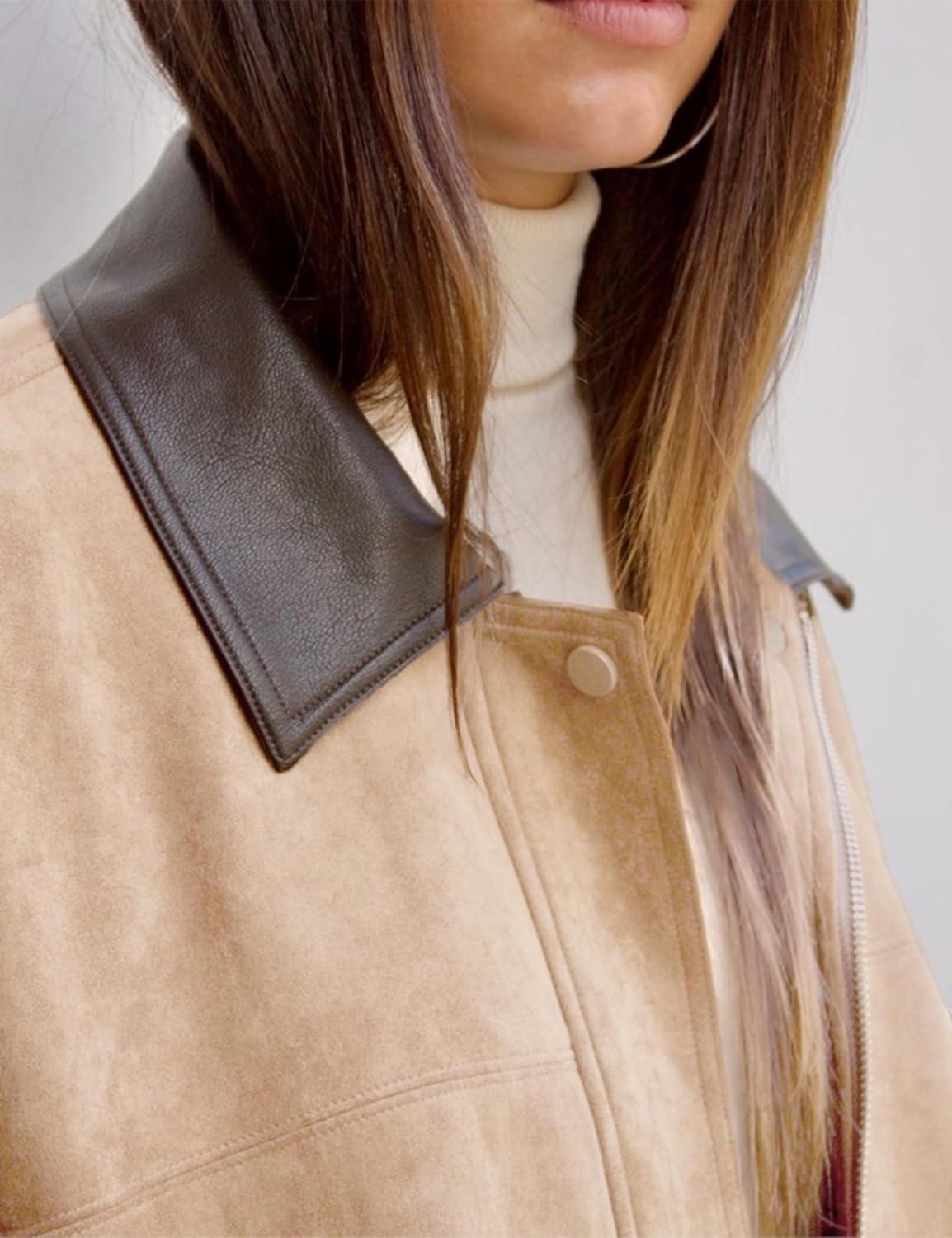 imageWomens Faux Suede Bomber Jacket Casual Lapel Pilot Cropped Jackets Oversized Motorcycle Zip Up Outerwear CoatsKhaki