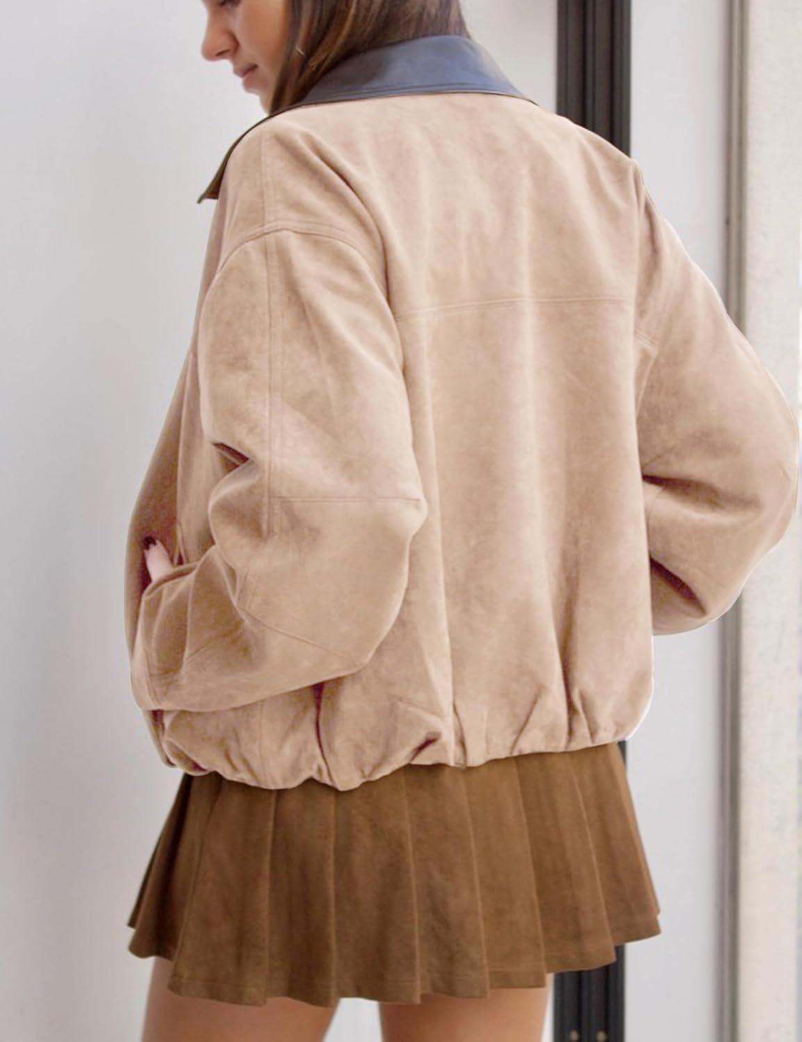 imageWomens Faux Suede Bomber Jacket Casual Lapel Pilot Cropped Jackets Oversized Motorcycle Zip Up Outerwear CoatsKhaki
