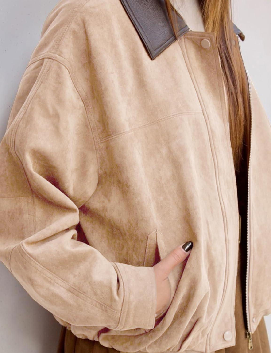imageWomens Faux Suede Bomber Jacket Casual Lapel Pilot Cropped Jackets Oversized Motorcycle Zip Up Outerwear CoatsKhaki