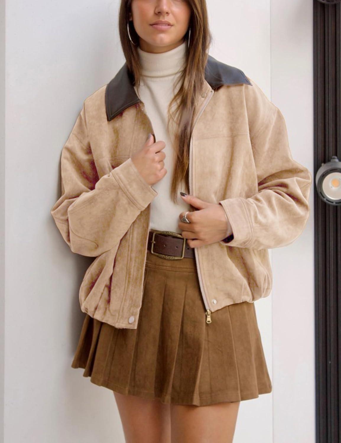 imageWomens Faux Suede Bomber Jacket Casual Lapel Pilot Cropped Jackets Oversized Motorcycle Zip Up Outerwear CoatsKhaki