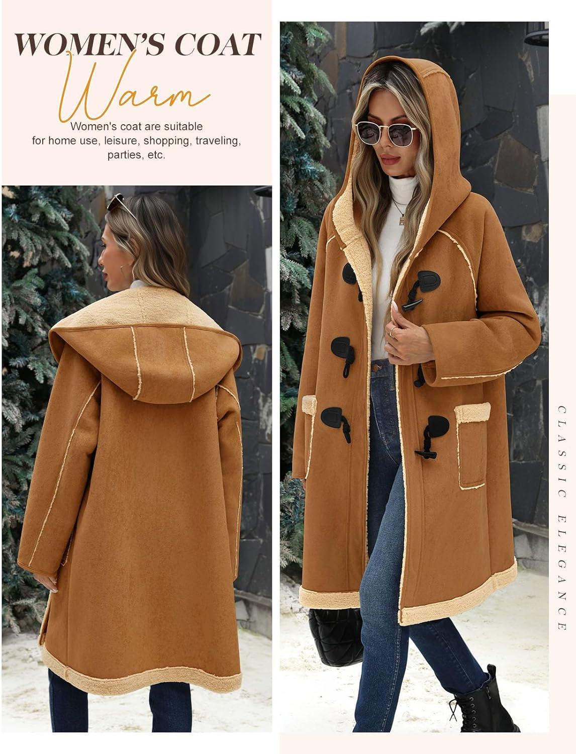 imageWomens Faux Suede Coat Sherpa Fleece Lined Oversize Duffle Coat Winter MidLength Hooded Toggle Jacket with PocketsDark Khaki