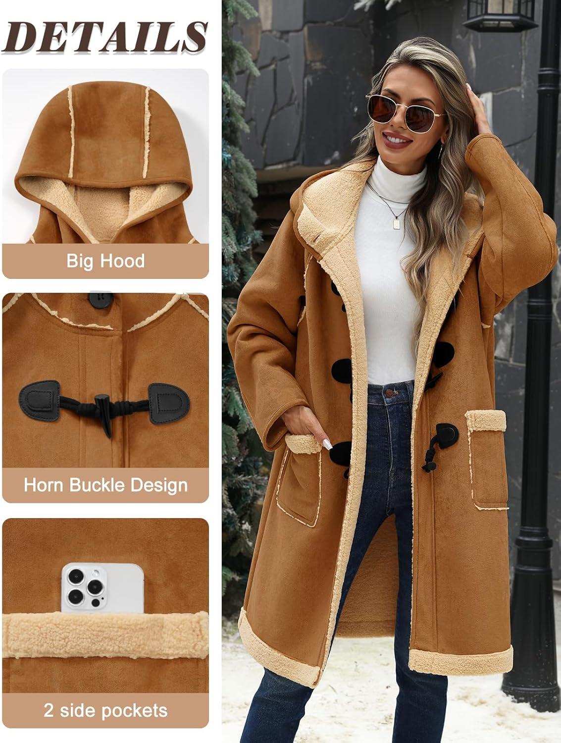 imageWomens Faux Suede Coat Sherpa Fleece Lined Oversize Duffle Coat Winter MidLength Hooded Toggle Jacket with PocketsDark Khaki