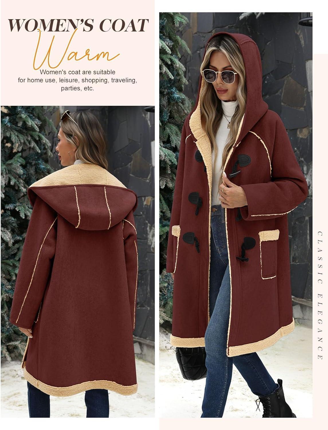 imageWomens Faux Suede Coat Sherpa Fleece Lined Oversize Duffle Coat Winter MidLength Hooded Toggle Jacket with PocketsWine Red