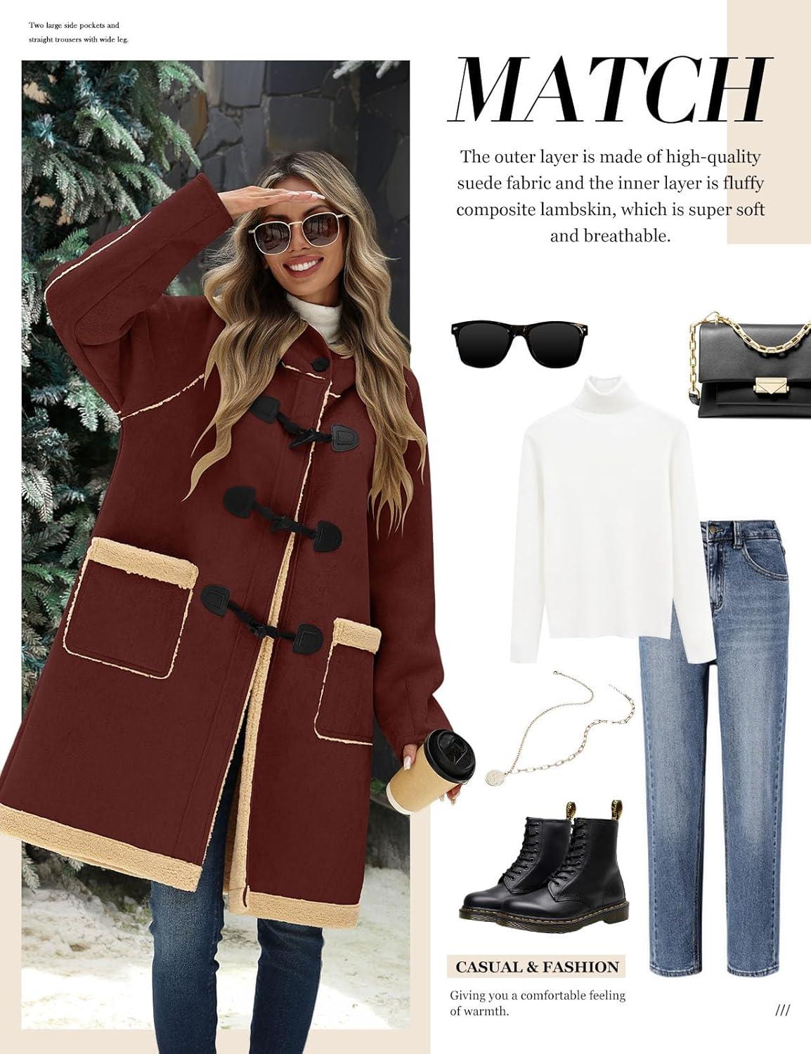 imageWomens Faux Suede Coat Sherpa Fleece Lined Oversize Duffle Coat Winter MidLength Hooded Toggle Jacket with PocketsWine Red