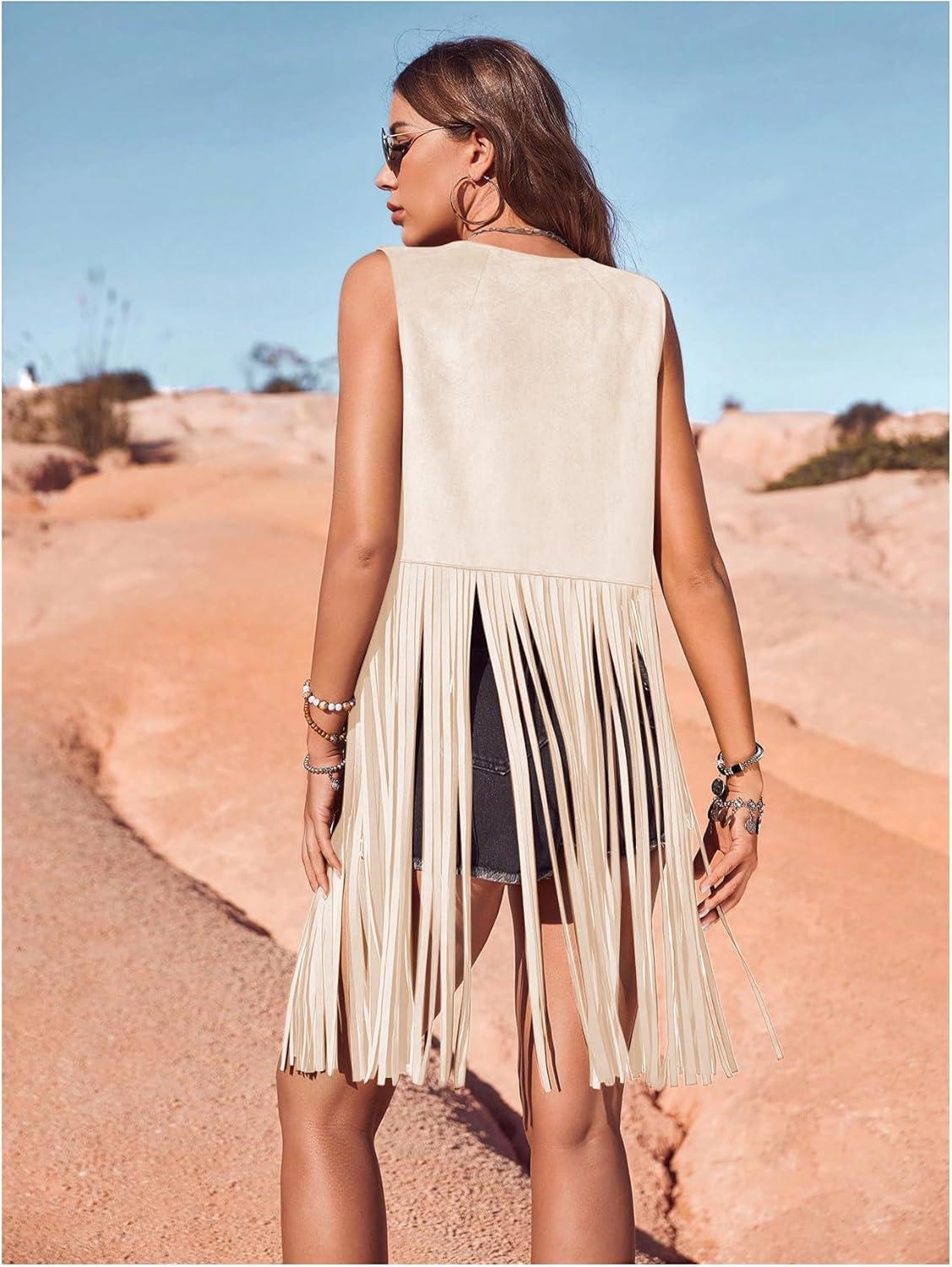 imageWomens Fringe Vest Sleeveless 70s Hippie Faux Suede Trim Western Cowgirl Tassel Jacket CardiganApricot
