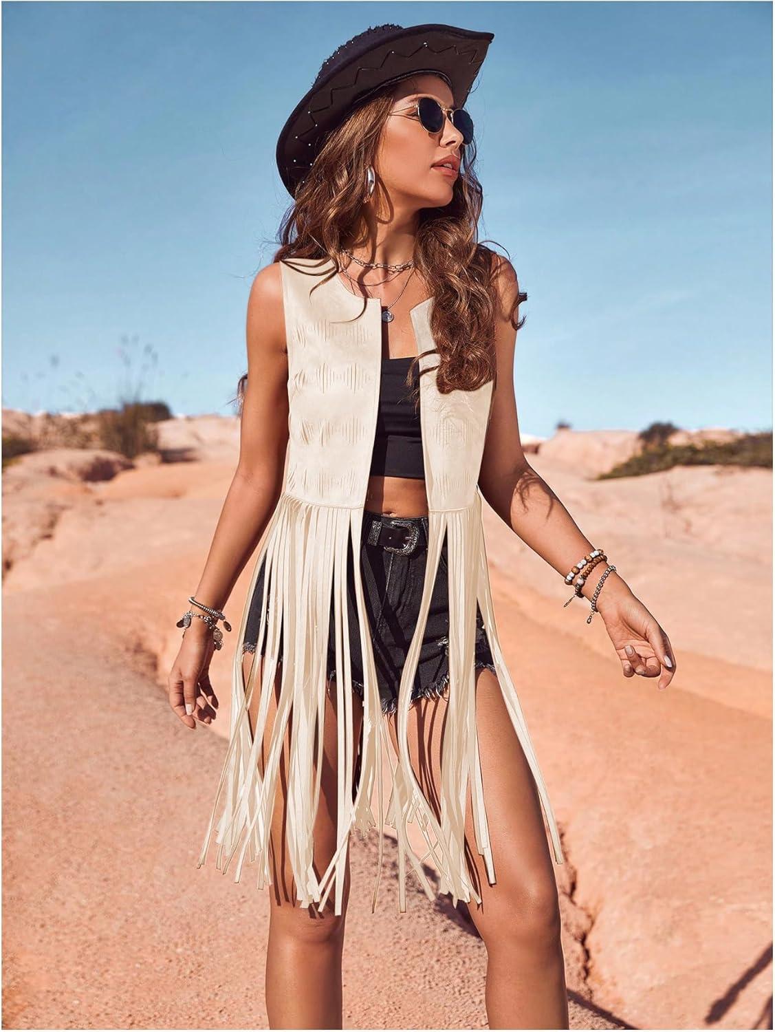 imageWomens Fringe Vest Sleeveless 70s Hippie Faux Suede Trim Western Cowgirl Tassel Jacket CardiganApricot