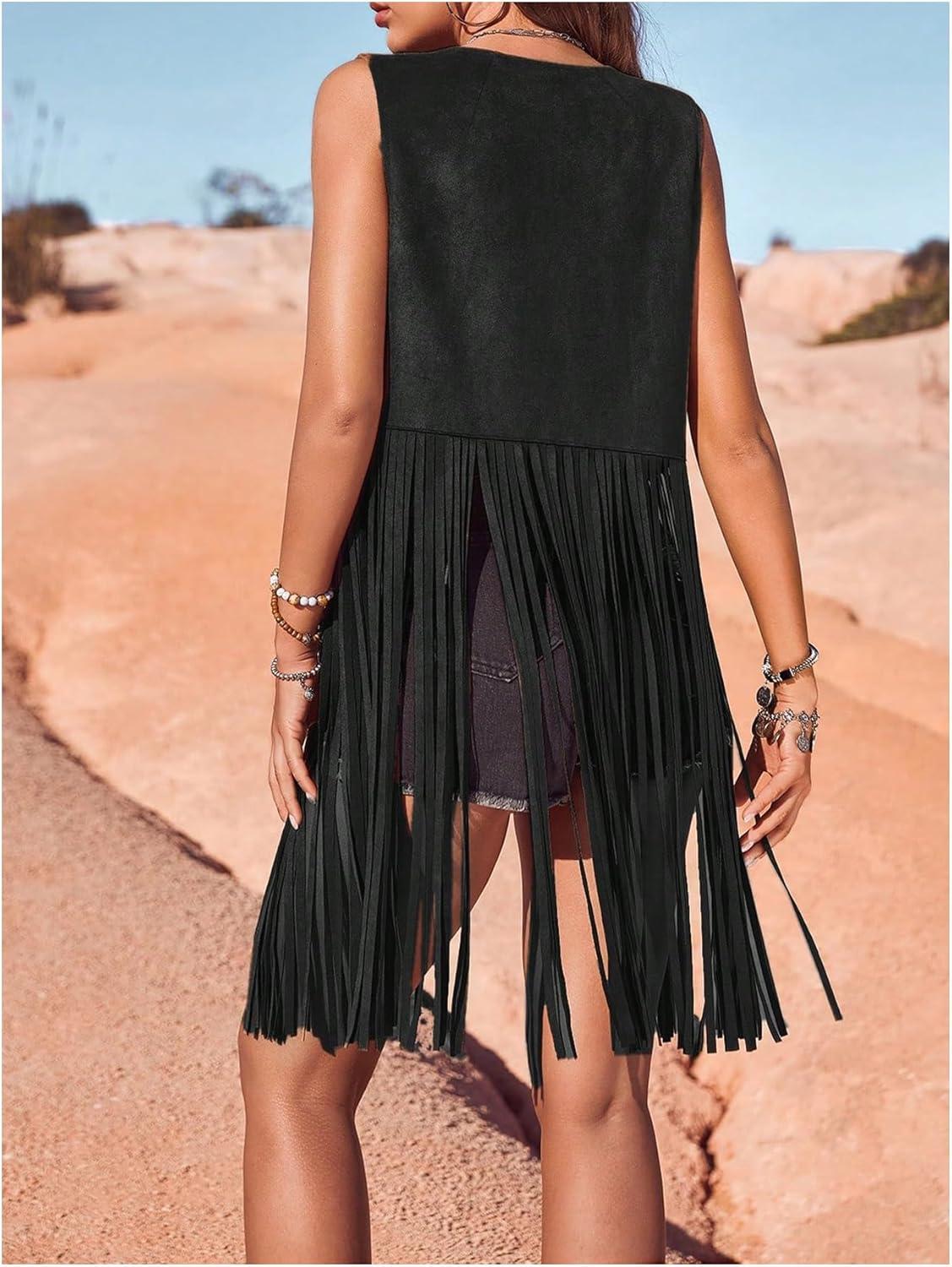 imageWomens Fringe Vest Sleeveless 70s Hippie Faux Suede Trim Western Cowgirl Tassel Jacket CardiganBlack