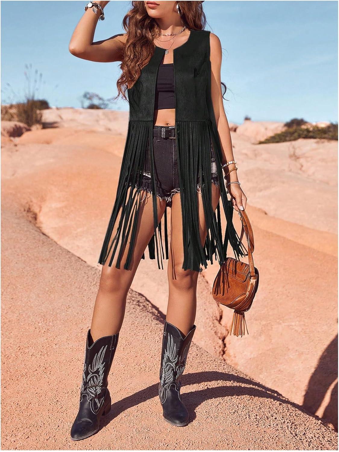 imageWomens Fringe Vest Sleeveless 70s Hippie Faux Suede Trim Western Cowgirl Tassel Jacket CardiganBlack