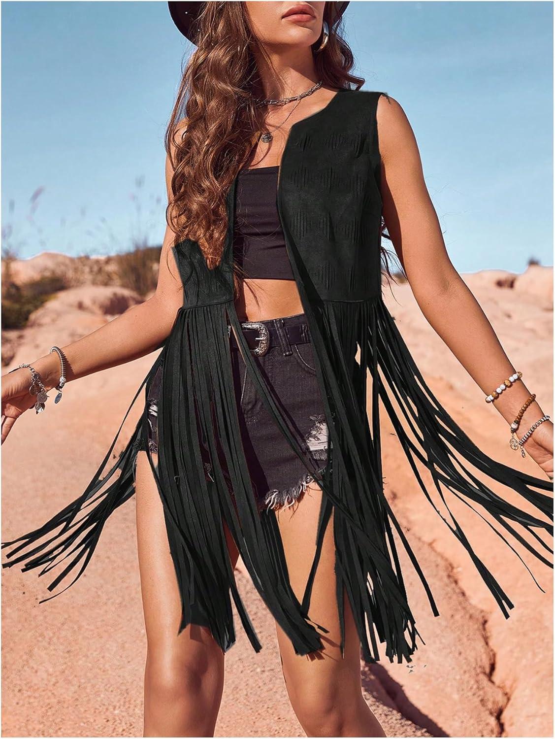 imageWomens Fringe Vest Sleeveless 70s Hippie Faux Suede Trim Western Cowgirl Tassel Jacket CardiganBlack