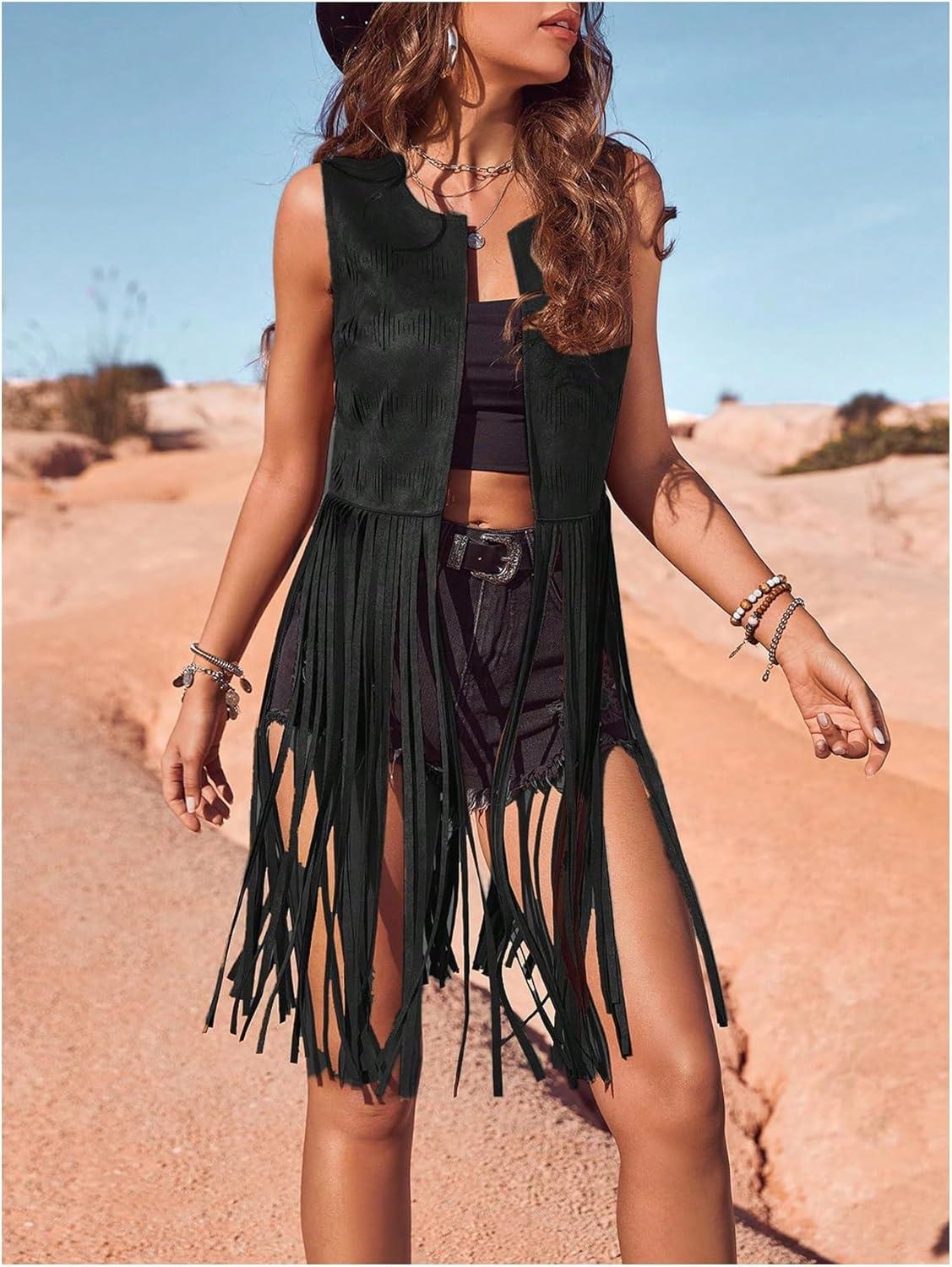 imageWomens Fringe Vest Sleeveless 70s Hippie Faux Suede Trim Western Cowgirl Tassel Jacket CardiganBlack