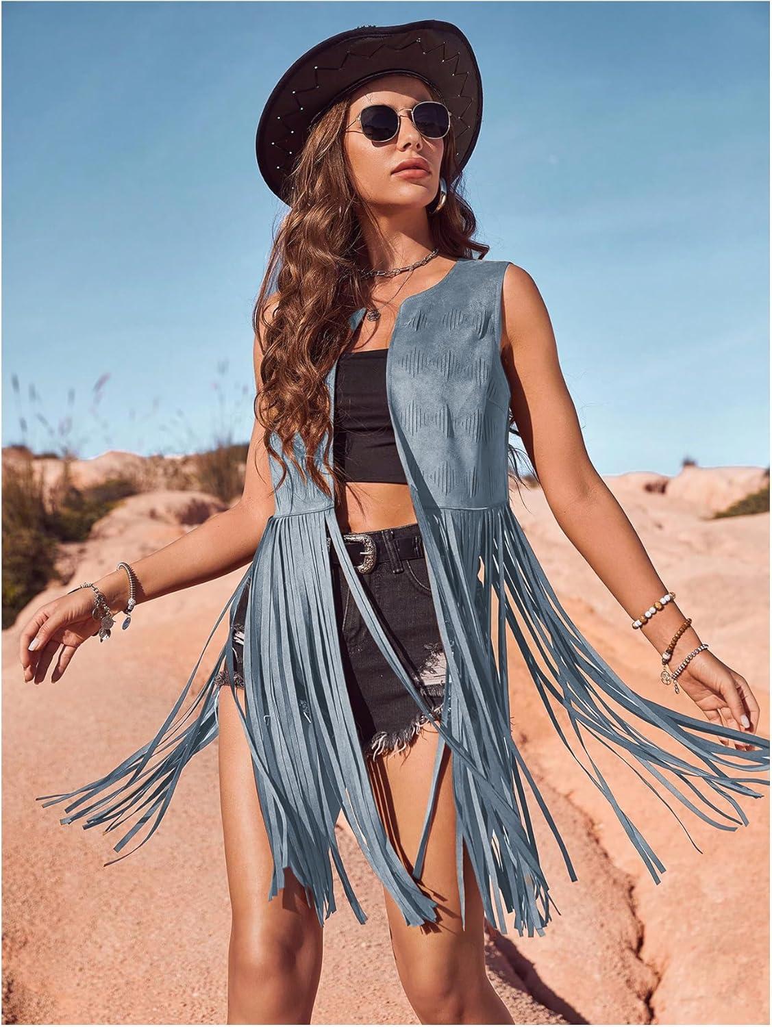 imageWomens Fringe Vest Sleeveless 70s Hippie Faux Suede Trim Western Cowgirl Tassel Jacket CardiganBlue