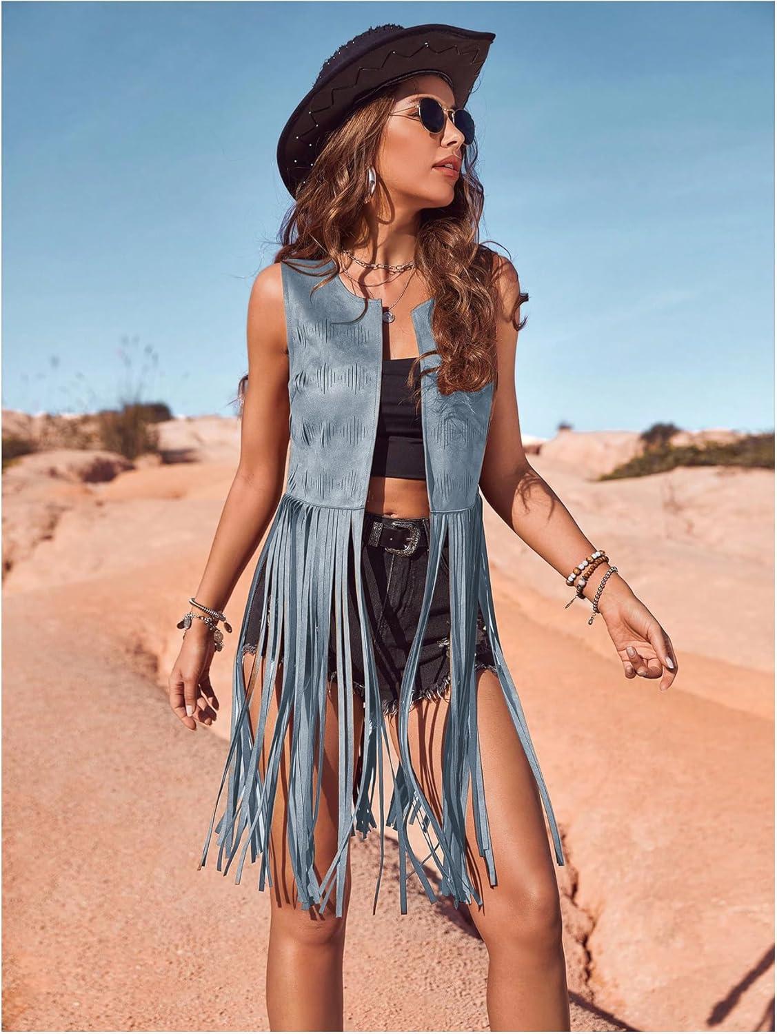 imageWomens Fringe Vest Sleeveless 70s Hippie Faux Suede Trim Western Cowgirl Tassel Jacket CardiganBlue