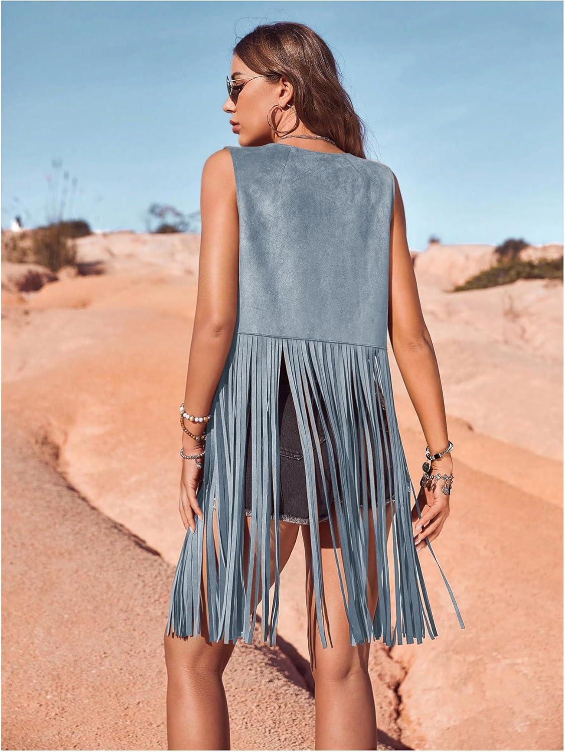 imageWomens Fringe Vest Sleeveless 70s Hippie Faux Suede Trim Western Cowgirl Tassel Jacket CardiganBlue