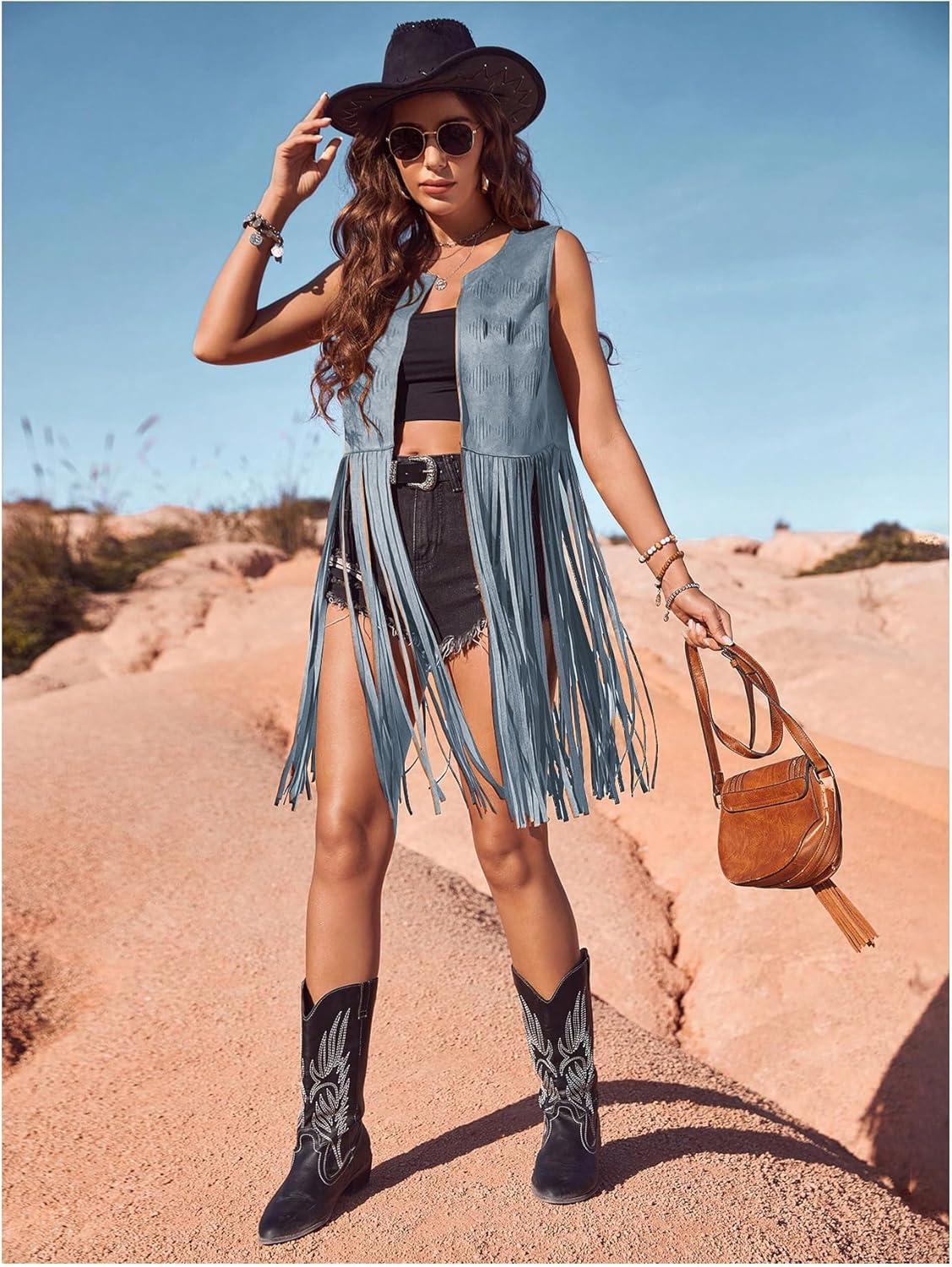 imageWomens Fringe Vest Sleeveless 70s Hippie Faux Suede Trim Western Cowgirl Tassel Jacket CardiganBlue