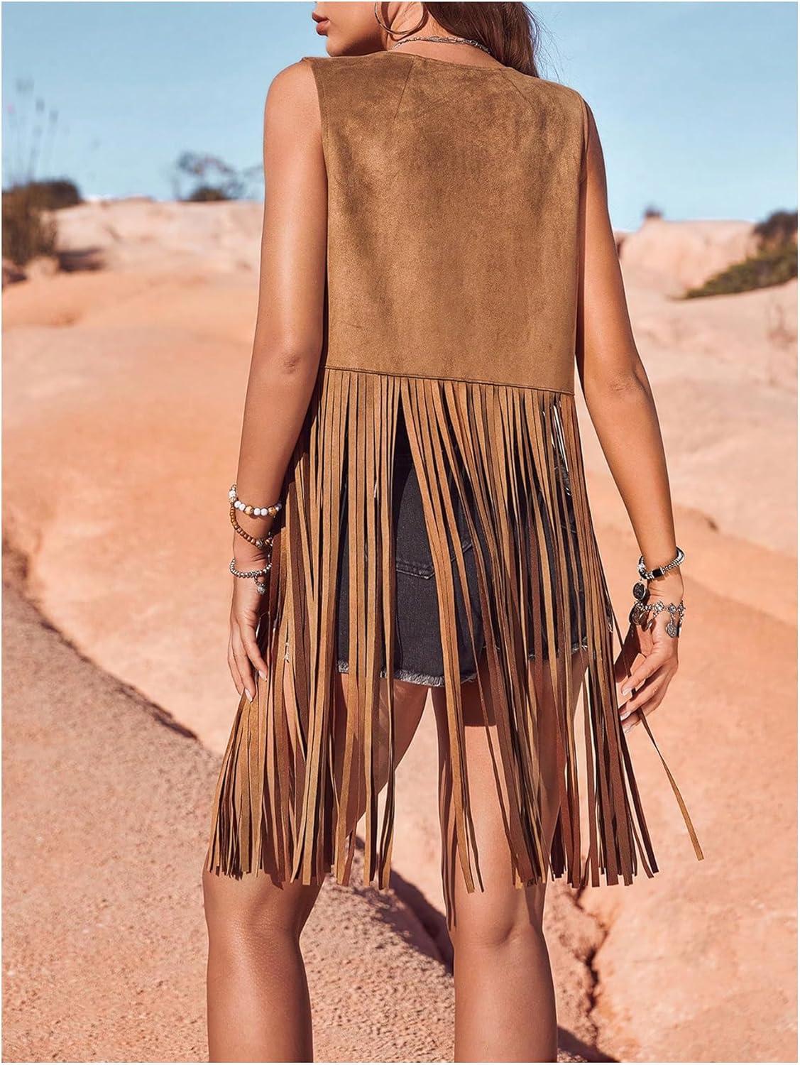 imageWomens Fringe Vest Sleeveless 70s Hippie Faux Suede Trim Western Cowgirl Tassel Jacket CardiganBrown