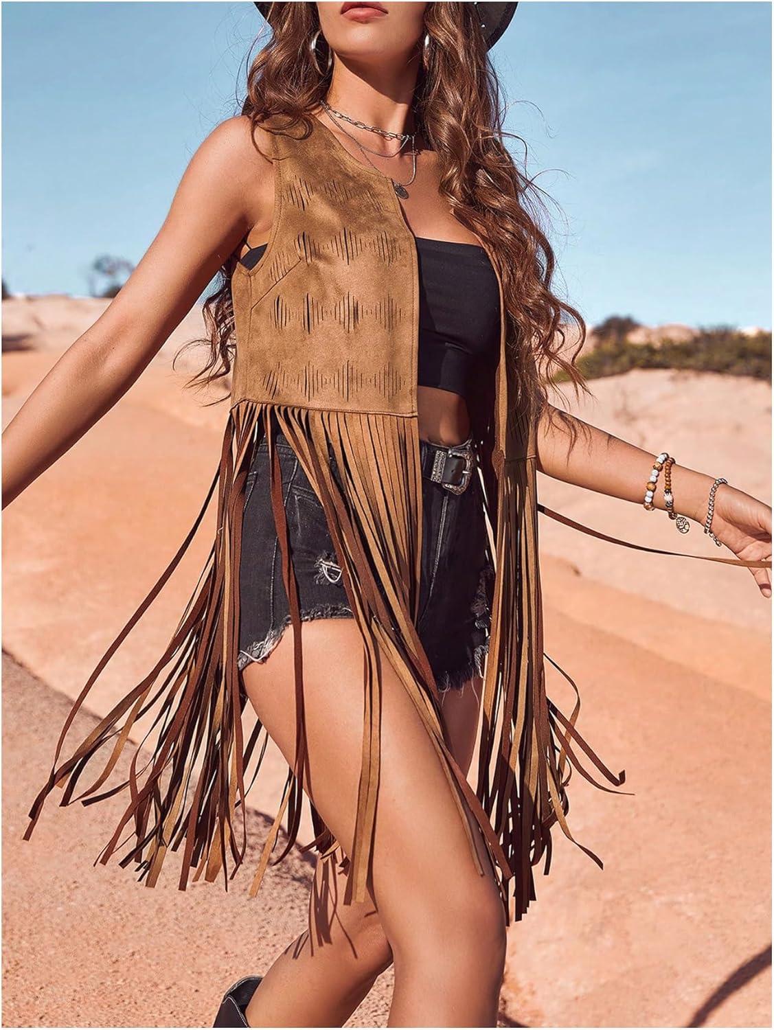 imageWomens Fringe Vest Sleeveless 70s Hippie Faux Suede Trim Western Cowgirl Tassel Jacket CardiganBrown