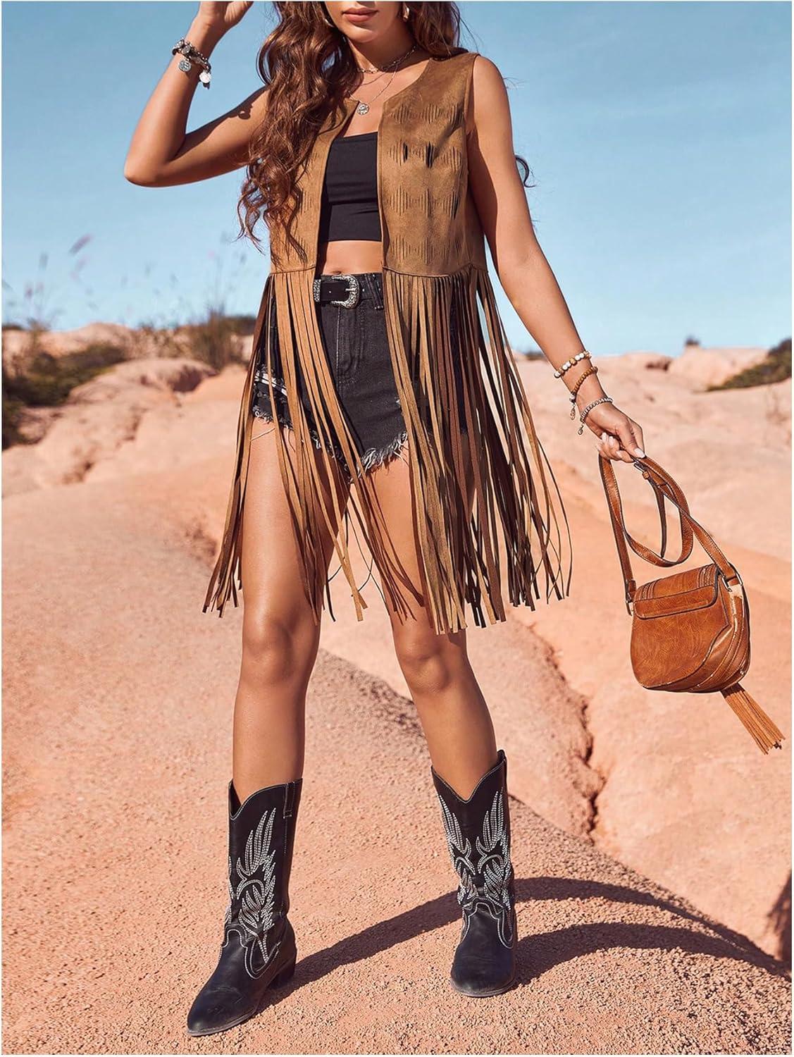 imageWomens Fringe Vest Sleeveless 70s Hippie Faux Suede Trim Western Cowgirl Tassel Jacket CardiganBrown