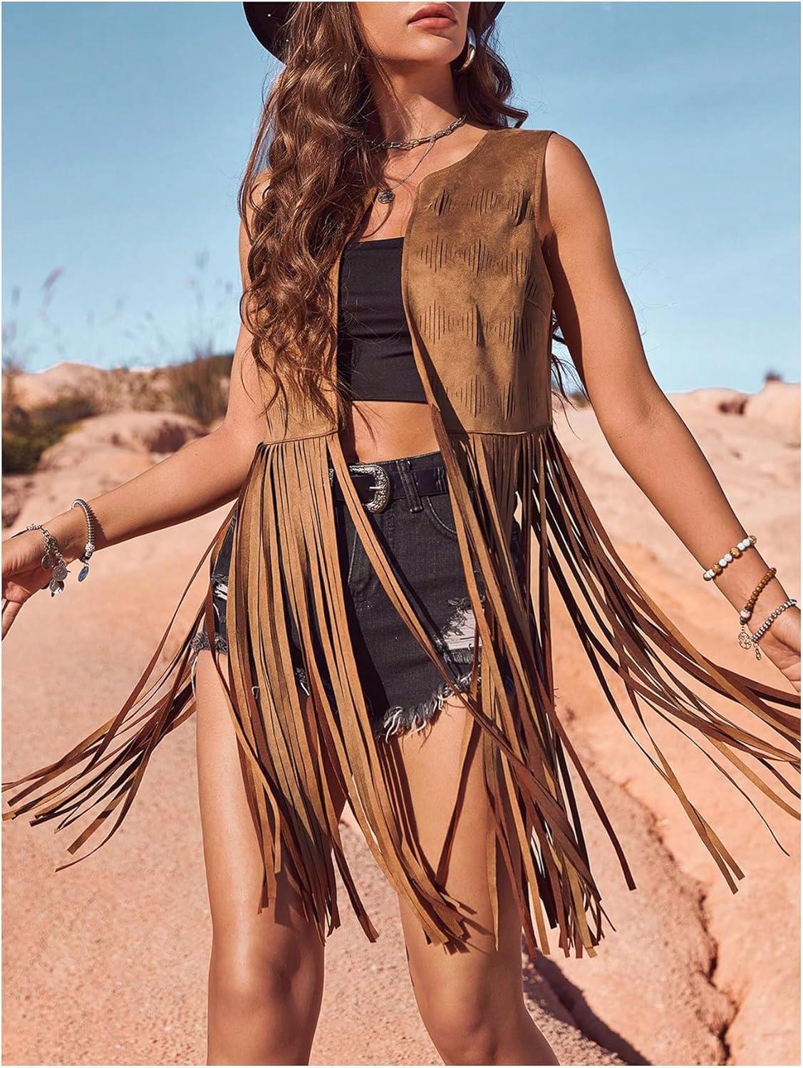 imageWomens Fringe Vest Sleeveless 70s Hippie Faux Suede Trim Western Cowgirl Tassel Jacket CardiganBrown